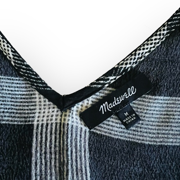 Madewell Zip Front V-Neck Oversized Black White Plaid Shift Dress   Size Medium - Picture 11 of 12